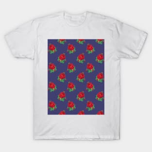 Red vintage roses on navy blue T-Shirt